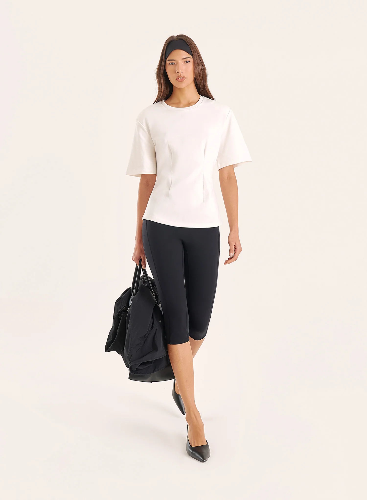 White Shoulder Pad Cinched Waist T Shirt